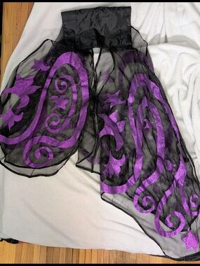 Black Sheer Scarf with Purple Swirl Accents